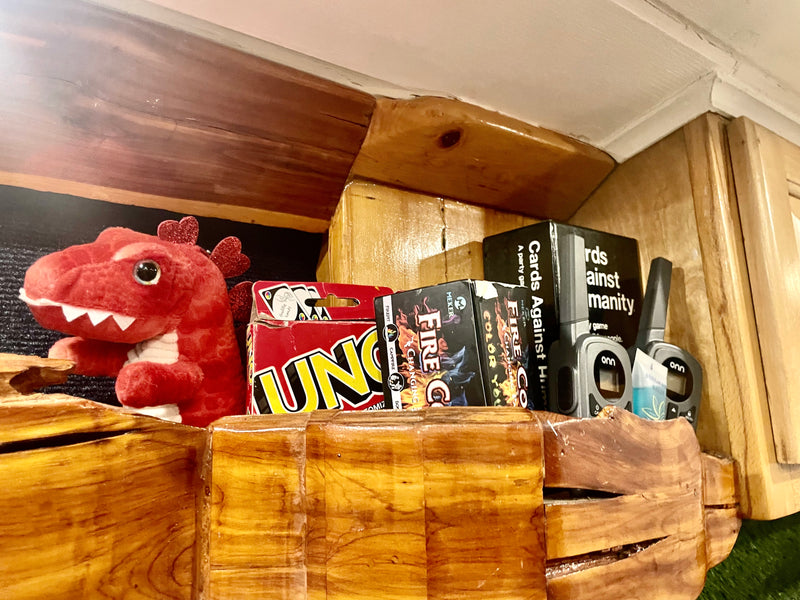 Inside an RV rental: a plush dinosaur, UNO, Cards Against Humanity, Fire Color Changing games, and walkie-talkies on wooden shelves. — photo 17