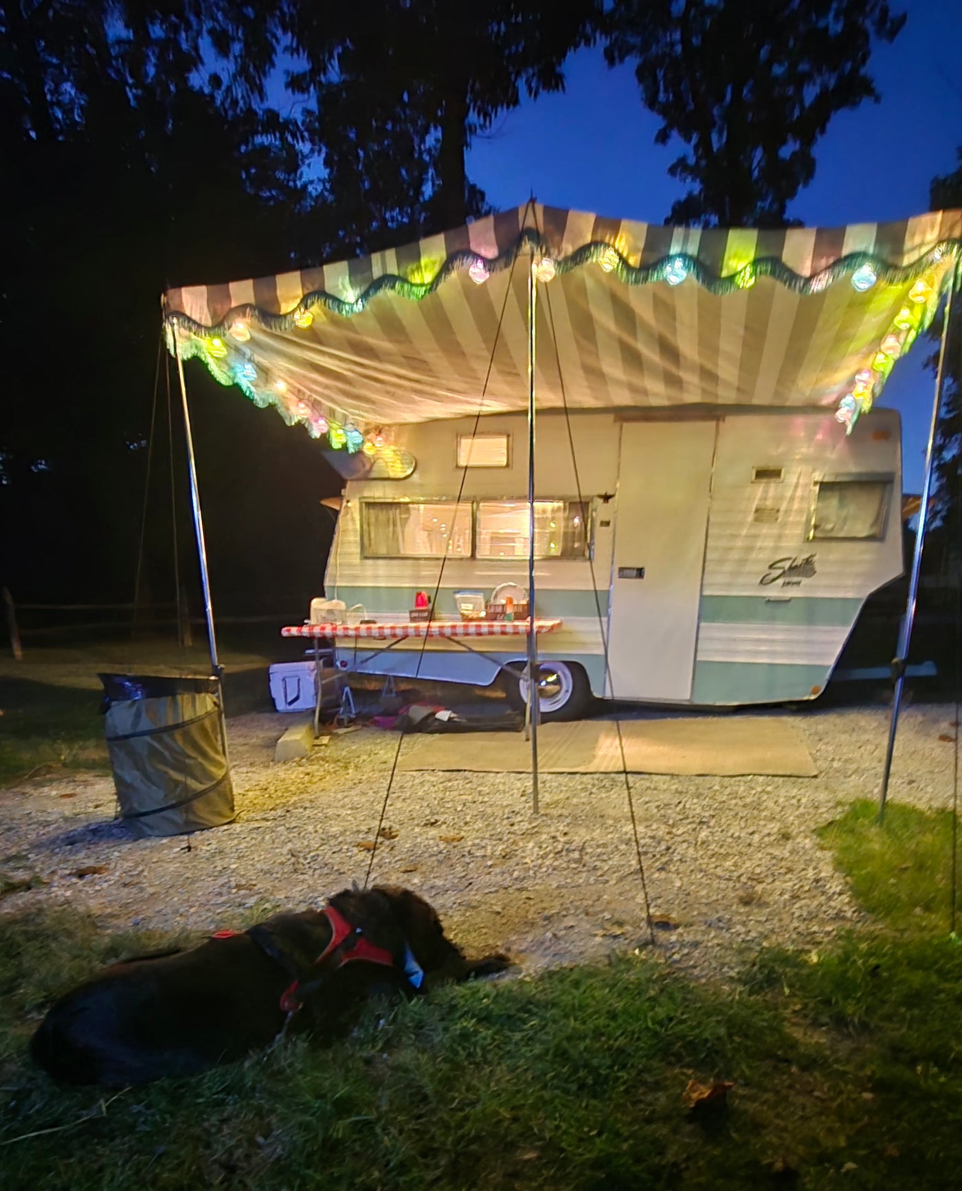 Enjoy an rv rental like this vintage camper at night, with a lit awning and a dog relaxing on the grass. Cozy camping vibes! — photo 13