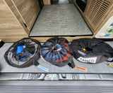 Organized RV rental gear: FreshWater, Sanitation, & Electrical hoses/cables in mesh bags for easy access.