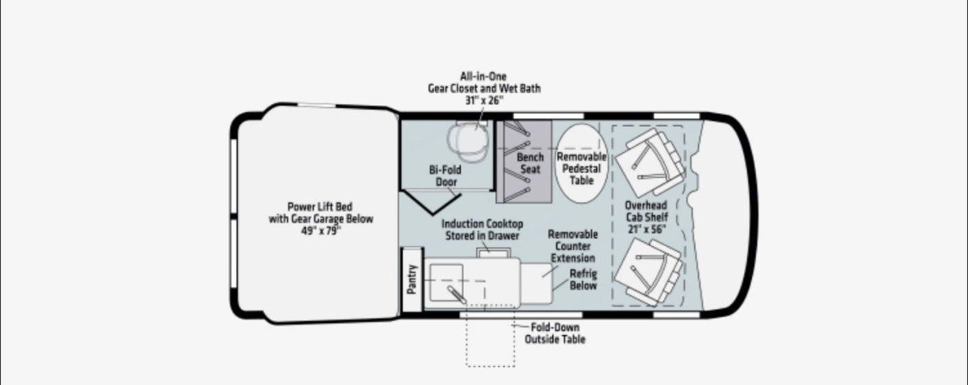 RV rental floor plan: Compact camper interior with bed, kitchen, wet bath, and seating. Ideal for mobile adventures.