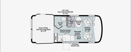 RV rental floor plan: Compact camper interior with bed, kitchen, wet bath, and seating. Ideal for mobile adventures.