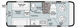 This RV rental floor plan details a compact camper van layout, featuring a bed, wet bath, kitchen, and pop-top access.