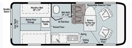 This RV rental floor plan details a compact camper van layout, featuring a bed, wet bath, kitchen, and pop-top access.