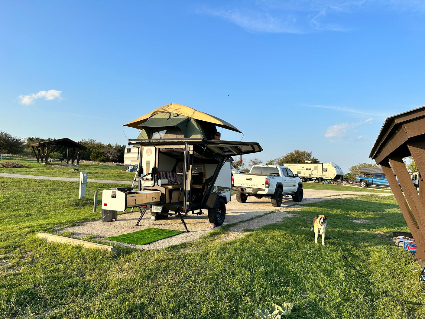 This RV rental features a unique teardrop trailer, rooftop tent, truck, and happy dog enjoying a sunny campsite.