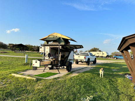 This RV rental features a unique teardrop trailer, rooftop tent, truck, and happy dog enjoying a sunny campsite.