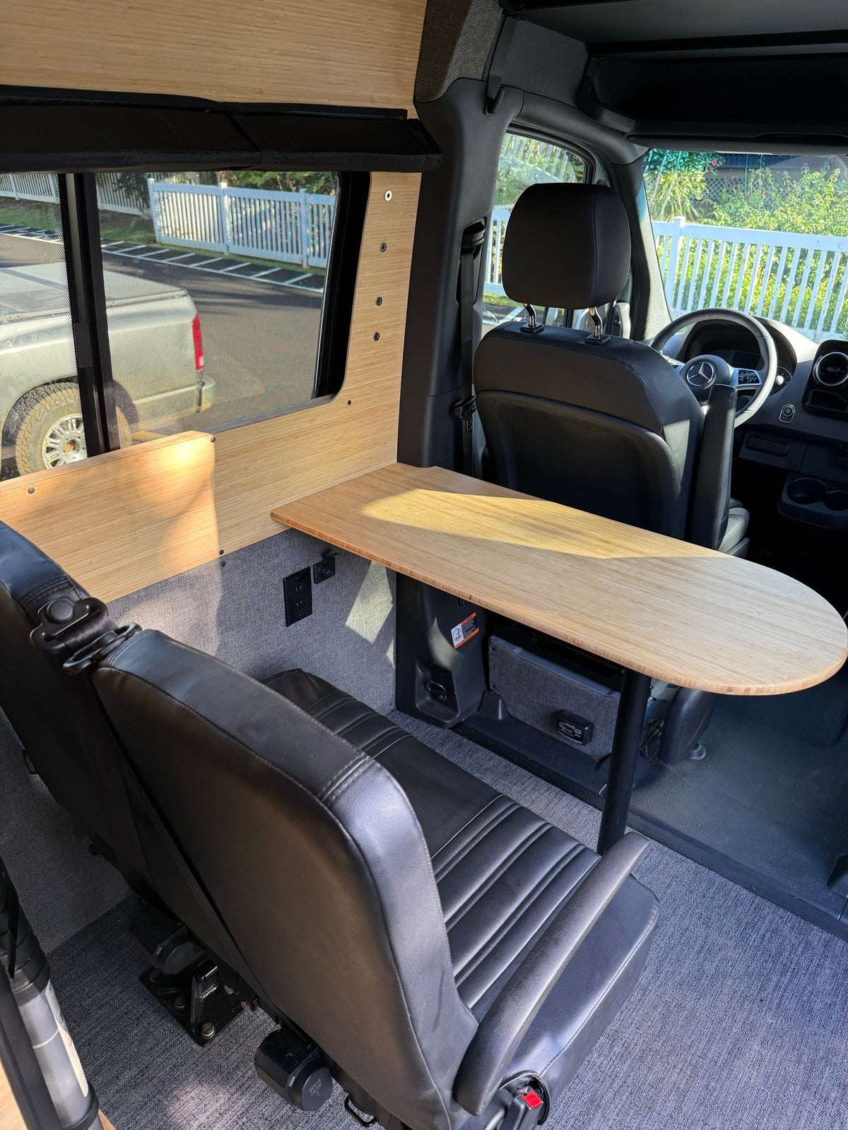  is parked in a sunny visitor spot outdoors.|Custom Mercedes Sprinter RV rental parked in a sunny Hawaii visitor spot — photo 3