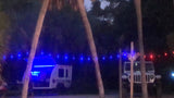 RV rental illuminated by blue interior lights, parked at campsite 28 with a Jeep, framed by palms & festive string lights.