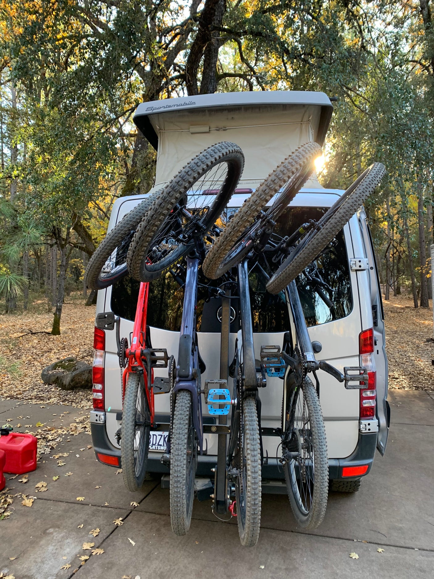Sportsmobile RV rental with four mountain bikes on a rear rack, parked in a sunny, leaf-strewn forest setting.