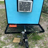 This compact RV rental trailer features a mounted AC unit & front mesh platform for gear. Perfect for travel!