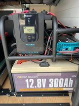 RV rental power setup: Renogy solar charge controller, DC-DC charger, & 300Ah LiFePO4 battery provide off-grid power.