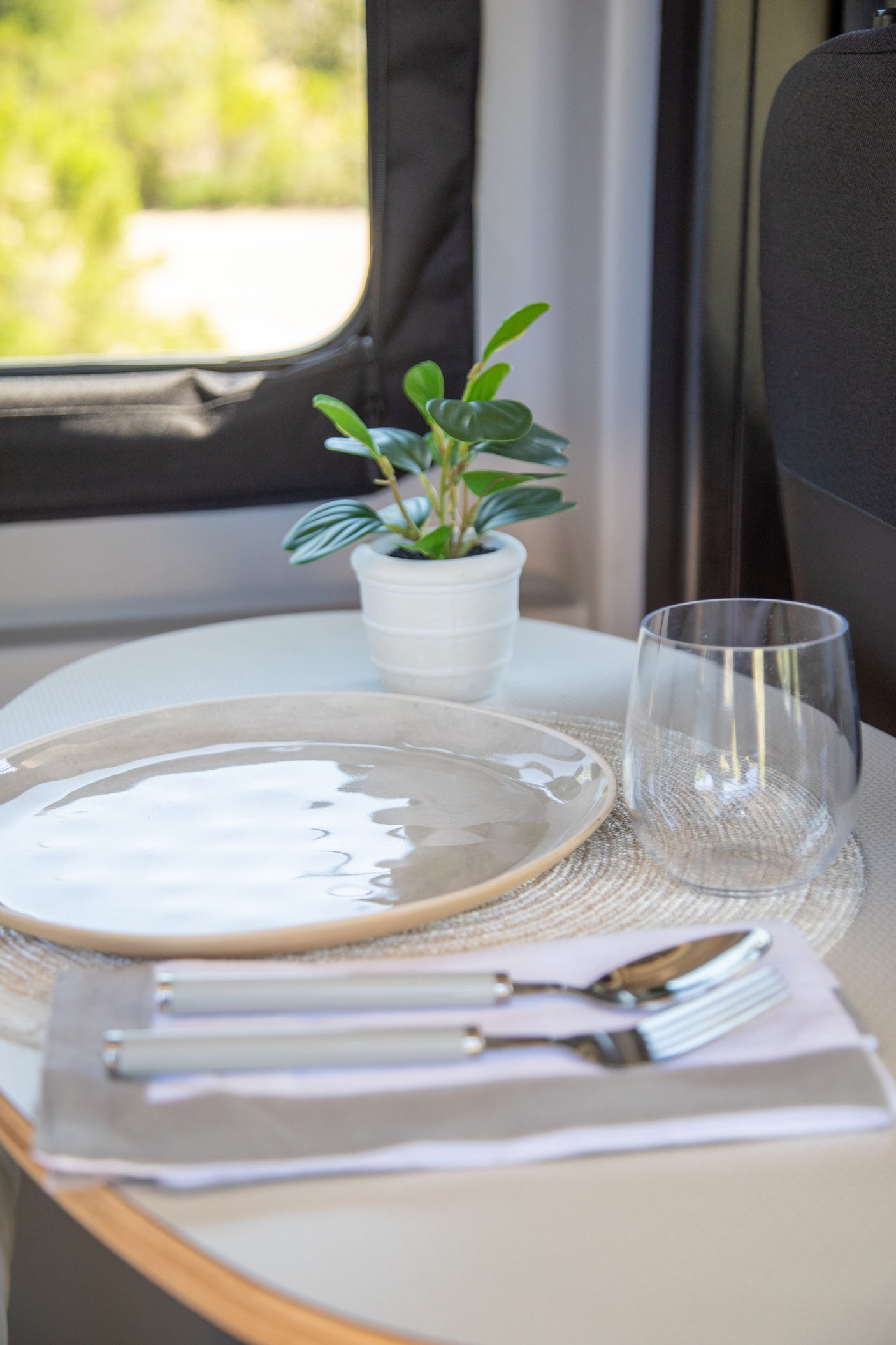 A neat RV rental table setting with a plate, glass, cutlery, and small plant, offering a serene view through the camper window.