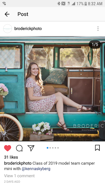 Smiling model in a chic teal camper van. Ideal for unique photo shoots or your next rv rental adventure!