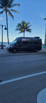 Dark gray RV rental parked by a sunny beach with vibrant blue ocean and towering palm trees.