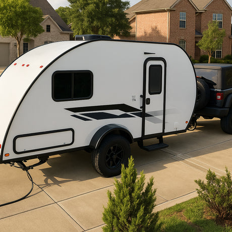 Teardrop RV rental, a compact travel trailer, connected to a black Jeep on a sunny residential driveway.