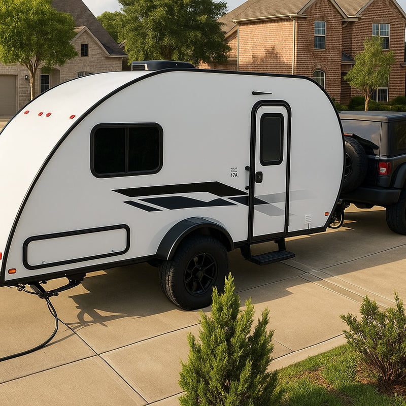 Teardrop RV rental, a compact travel trailer, connected to a black Jeep on a sunny residential driveway. — photo 18