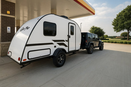 A white Geo Pro RV rental trailer is hooked to a black Jeep Wrangler at a gas station, ready for a camping adventure.