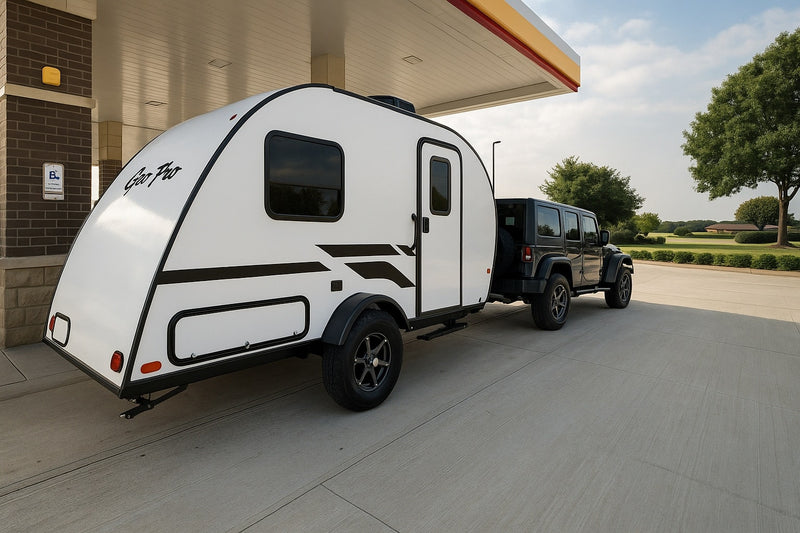 A white Geo Pro RV rental trailer is hooked to a black Jeep Wrangler at a gas station, ready for a camping adventure. — photo 17