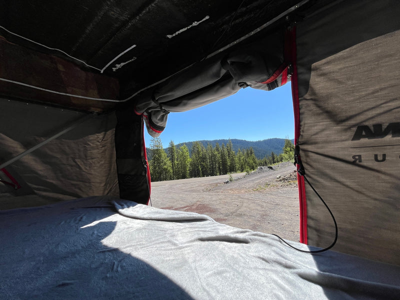 Inside a comfy RV rental rooftop tent, a bed offers views of a vast forest, rolling hills, and clear blue sky. — photo 4