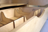 Custom wooden drawer organizers inside an RV rental. Helps keep items tidy for your trip.