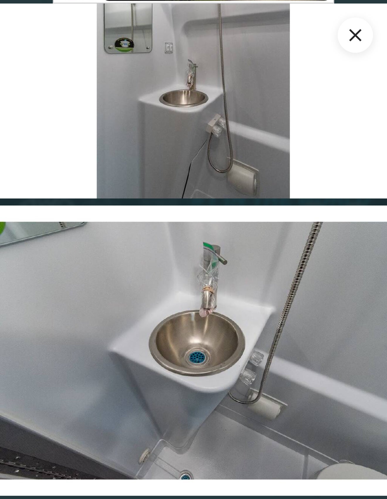  and overhead storage for comfortable travel.|RV rental's compact kitchen. Top shows countertop with covered sink; bottom reveals stainless steel sink. Includes drawers & fridge.|RV rental's compact bathroom: an integrated sink — photo 4