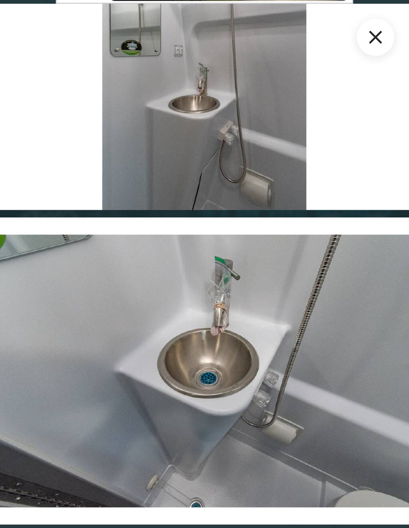  and overhead storage for comfortable travel.|RV rental's compact kitchen. Top shows countertop with covered sink; bottom reveals stainless steel sink. Includes drawers & fridge.|RV rental's compact bathroom: an integrated sink — photo 4