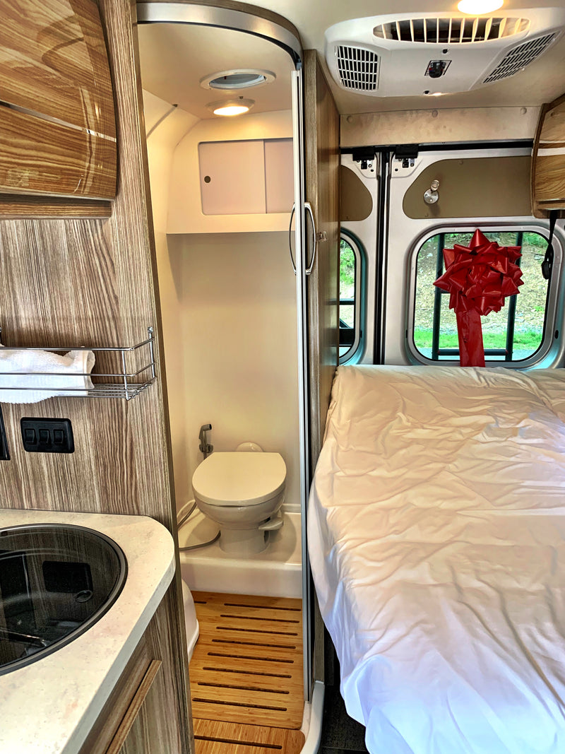 Inside this RV rental: a cozy bed, compact kitchen with sink, and a wet bath with toilet. Notice the red bow! — photo 10