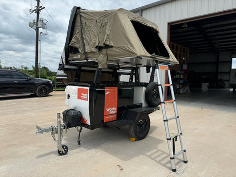 A "Woolly Bear" overland trailer with a rooftop tent and ladder, ideal for your next RV rental adventure.