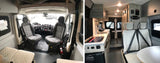 Explore this rv rental's camper van interior, highlighting the front cockpit, swiveling seats, kitchen, and dinette.