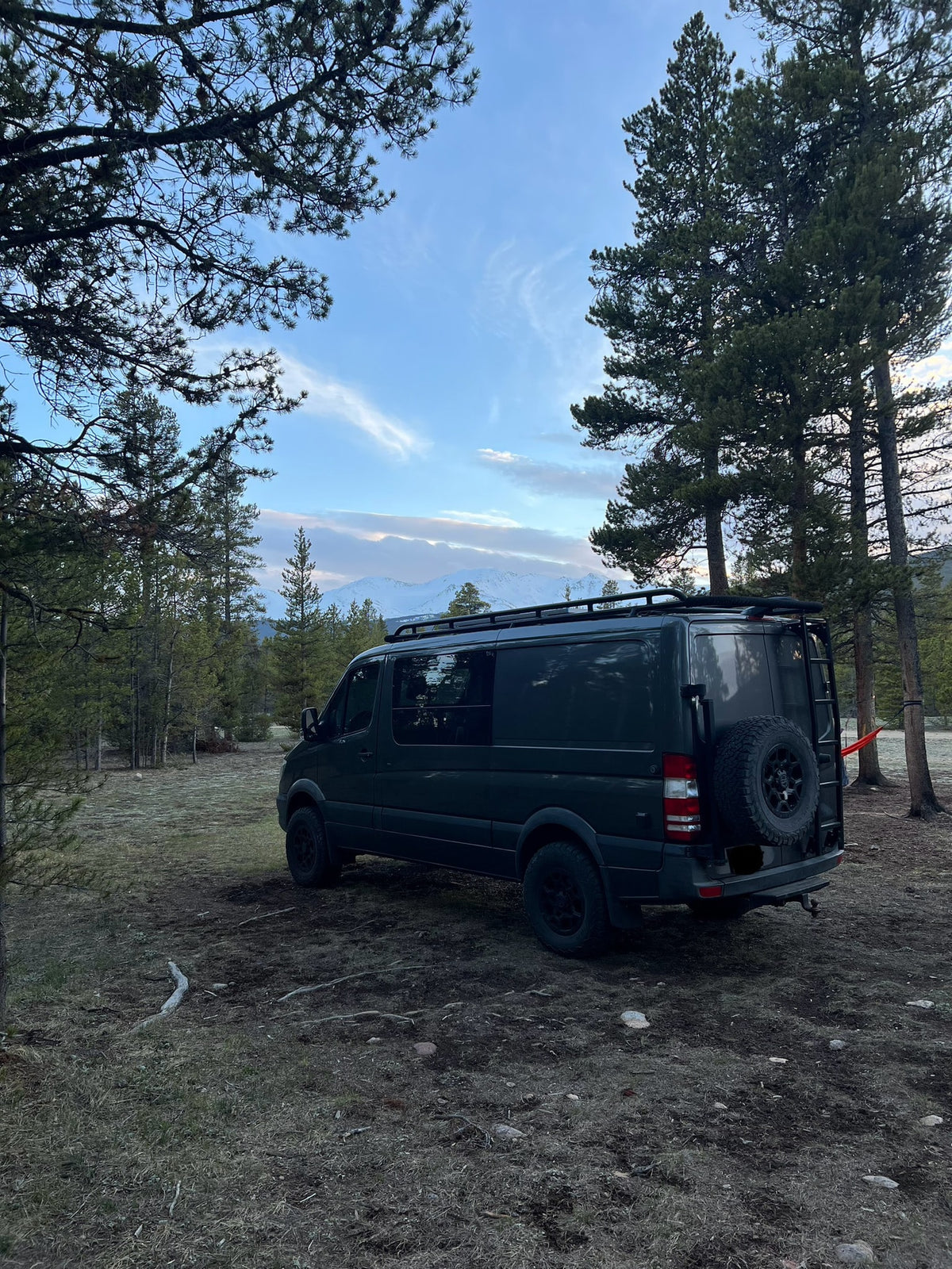 An RV rental van, likely a Sprinter, parked in a scenic forest clearing with distant snow-capped mountains. — photo 8