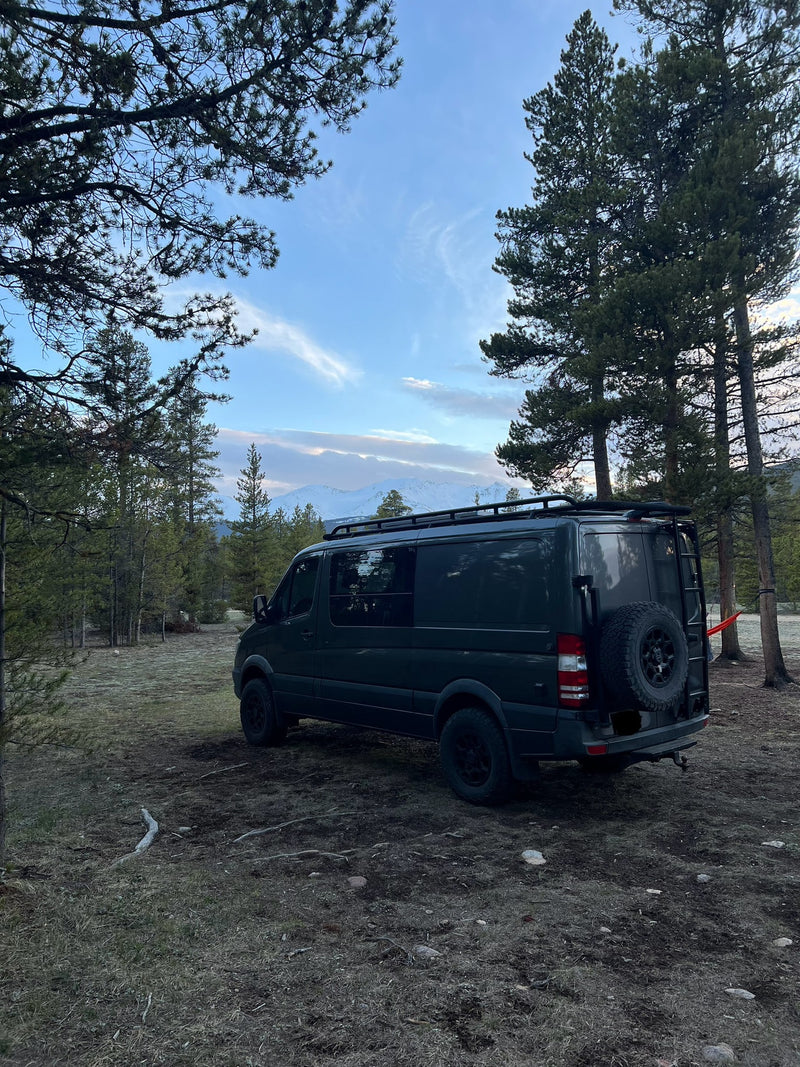 An RV rental van, likely a Sprinter, parked in a scenic forest clearing with distant snow-capped mountains. — photo 8
