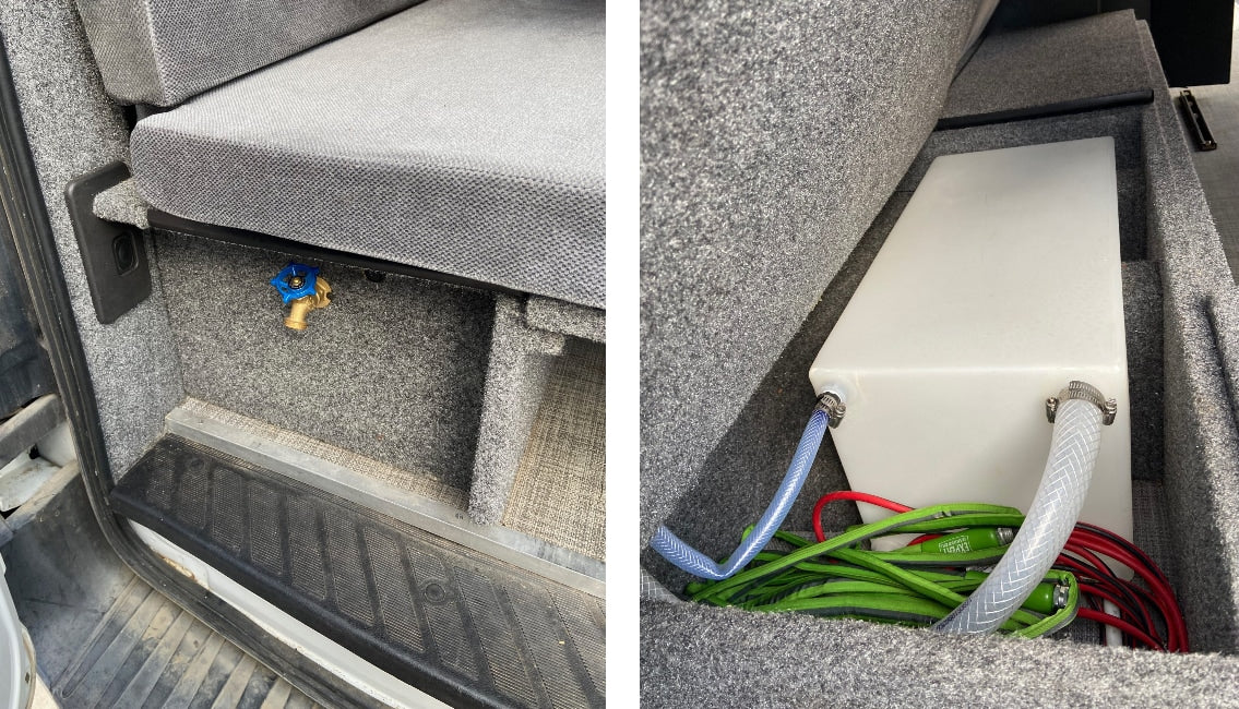 RV rental water system features a tucked-away fresh water tank and an accessible spigot for convenience.