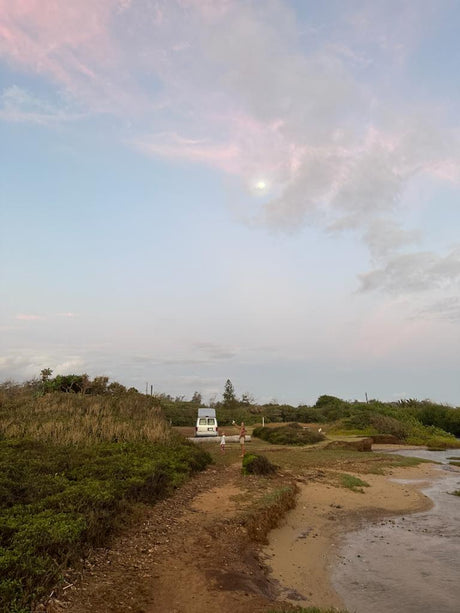 RV rental parked seaside for an outdoor adventure. People by van on path near water & lush greenery.