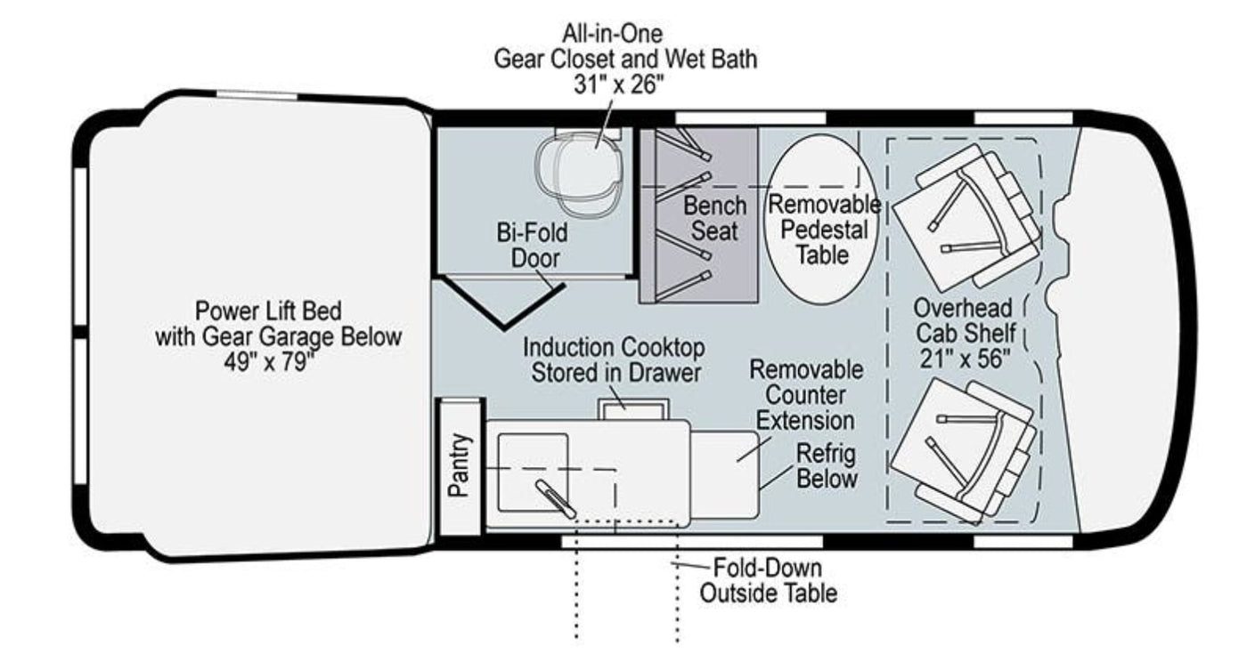 This RV rental floor plan shows a compact camper layout with a bed, wet bath, kitchen, and convertible dinette. — photo 10