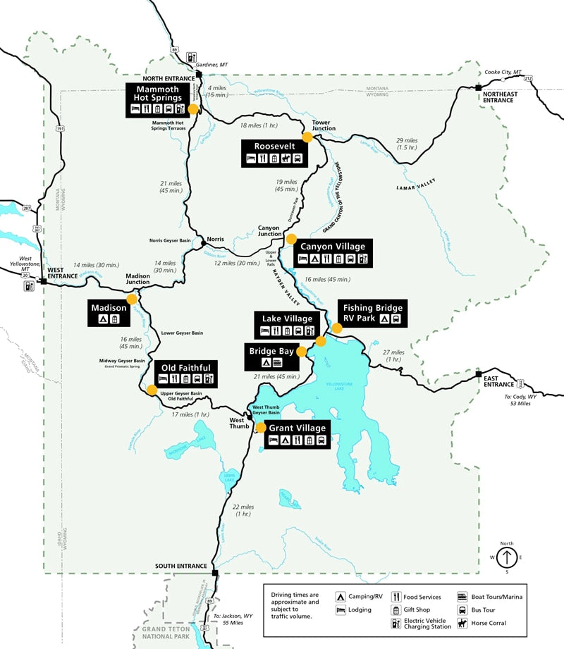 Yellowstone National Park road map, perfect for planning an RV rental adventure. See attractions, travel times & RV parks.