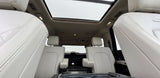 Plush white leather interior of a spacious vehicle with a panoramic roof, offering comfort for any journey, including rv rental trips.