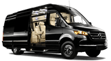 Sleek black luxury Sprinter van, featuring a lavish interior with cream seats, showcased with an open door. Great for RV rental trips.