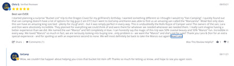 A glowing 5-star customer review for an RV rental from GoCamp, detailing a superb van camping adventure.
