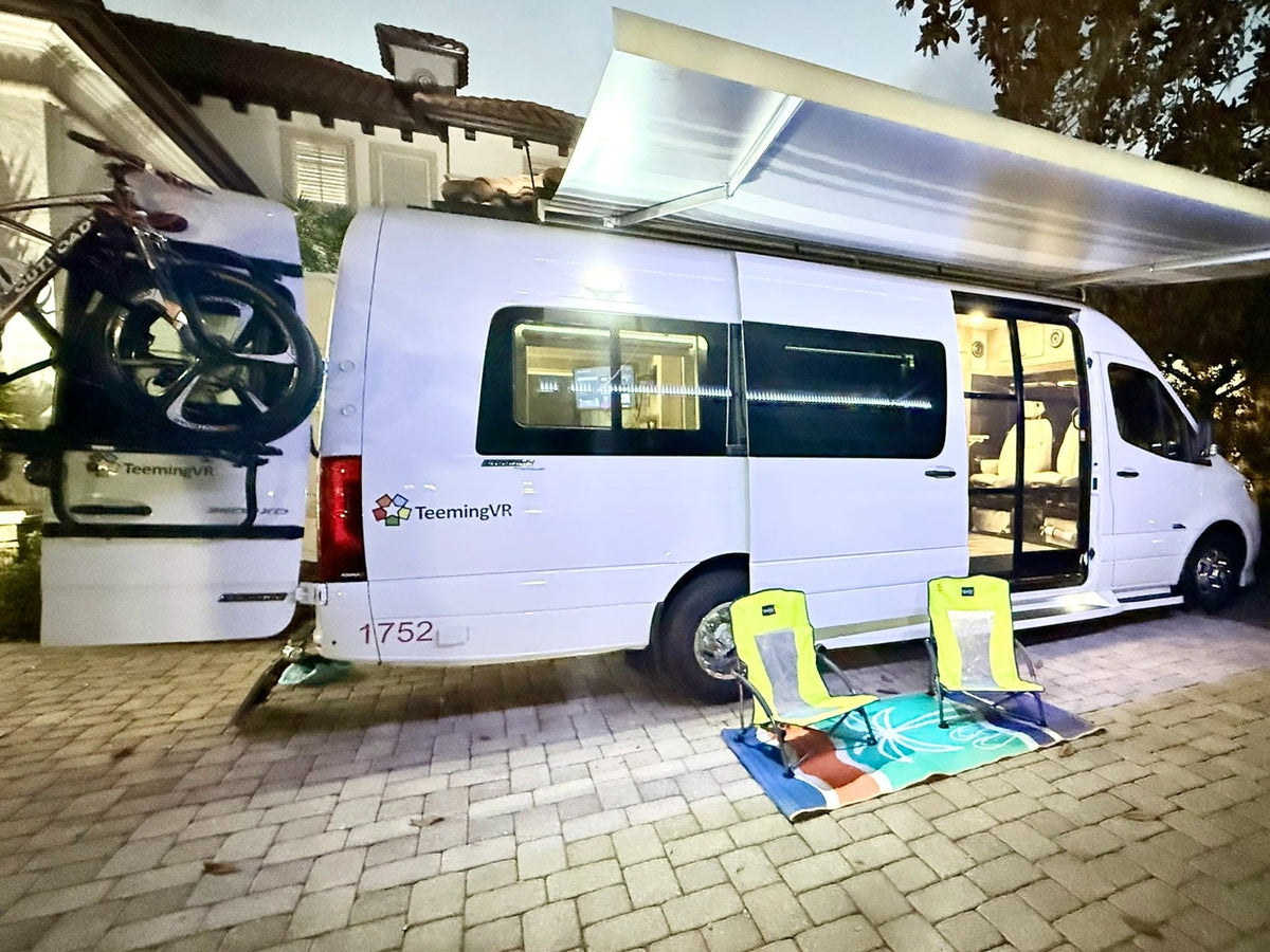White TeemingVR rv rental with extended awning