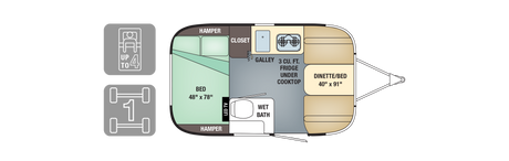 RV rental floor plan: compact travel trailer with sleeping for up to 4, galley, wet bath, and convertible dinette/bed.