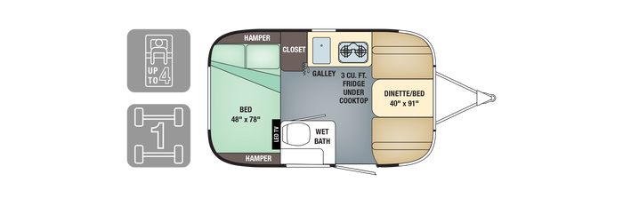 RV rental floor plan: compact travel trailer with sleeping for up to 4, galley, wet bath, and convertible dinette/bed.