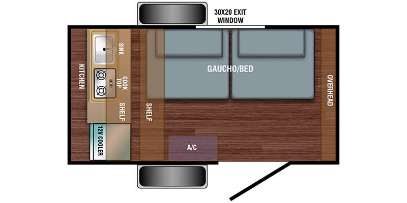 RV rental floor plan: compact camper layout showing kitchen (sink, cooktop, cooler), a versatile gaucho/bed, and A/C.