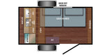 RV rental floor plan: compact camper layout showing kitchen (sink, cooktop, cooler), a versatile gaucho/bed, and A/C.