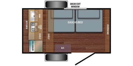 RV rental floor plan: compact camper layout showing kitchen (sink, cooktop, cooler), a versatile gaucho/bed, and A/C.