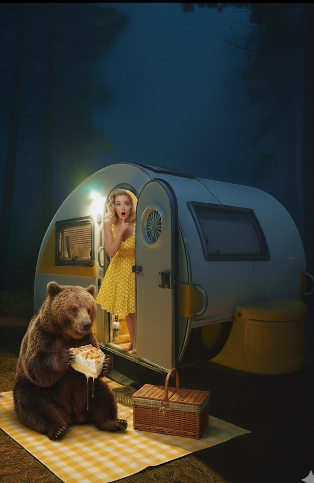 Woman in retro RV rental is shocked to see a bear enjoying pie on a picnic blanket in the forest.