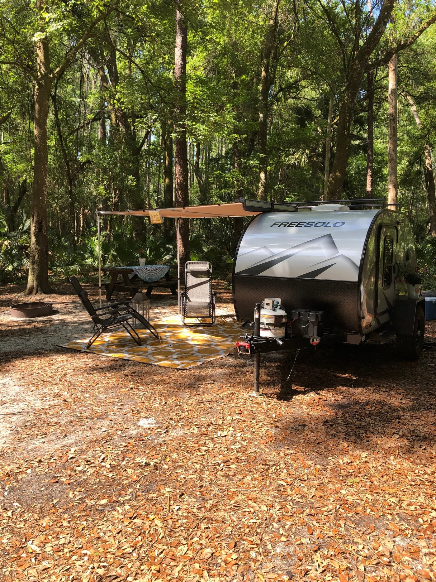 An RV rental camper with an awning, picnic table, and chairs set up in a serene, leafy forest campsite on a sunny day. — photo 13