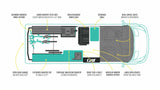 Detailed rv rental floor plan: queen bed, kitchen, fridge, sofa, swivel seats & modular shower for a flexible adventure.