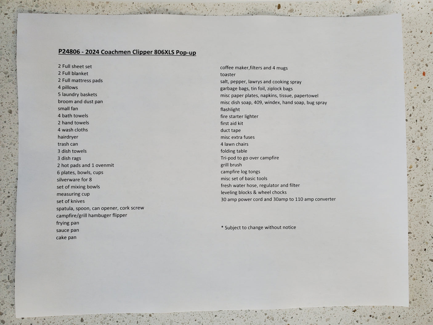 RV rental inventory list for a 2024 Coachmen Clipper Pop-up, detailing bedding, kitchen, and camping essentials.