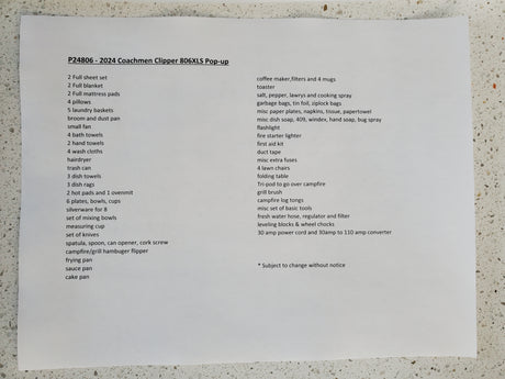 RV rental inventory list for a 2024 Coachmen Clipper Pop-up, detailing bedding, kitchen, and camping essentials.