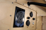 RV rental's integrated power panel: features AC, 12V, USB outlets, and light controls on a wooden surface.
