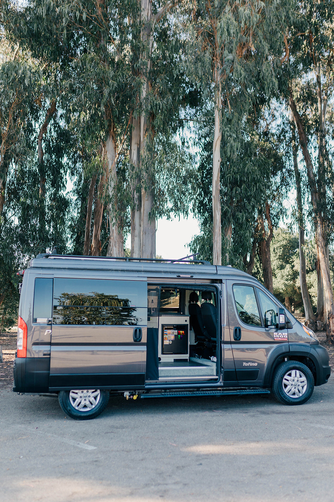 Grey camper van **RV rental** with open side door revealing kitchenette, parked on asphalt among tall trees.